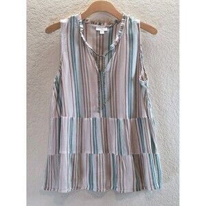 J.Jill Women’s L Sleeveless Tunic Top Striped Boho Tiered Split Neck Tie